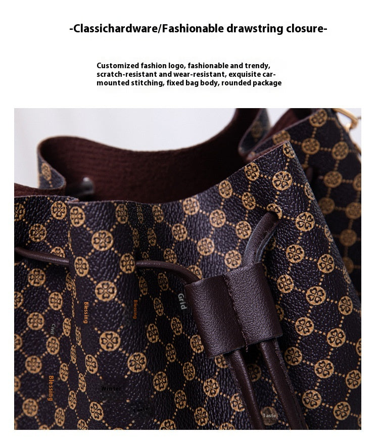 Printed bucket bag strap and shape detail