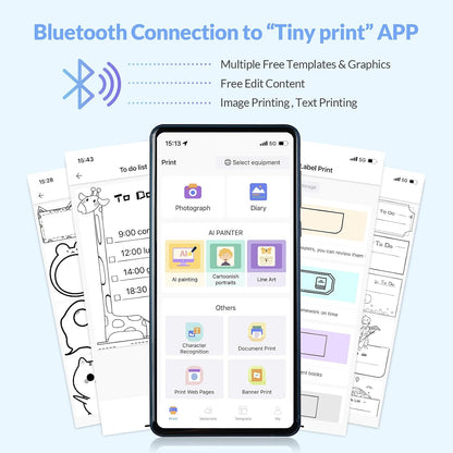 Portable Thermal Pocket Printer Inkless Bluetooth Mini Wireless Sticker Lable Pictures Print for Scrapbook Journal Sticky Label with 1 Roll Thermal Printer Paper