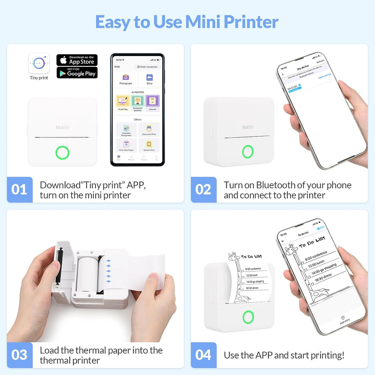 Portable Thermal Pocket Printer Inkless Bluetooth Mini Wireless Sticker Lable Pictures Print for Scrapbook Journal Sticky Label with 1 Roll Thermal Printer Paper