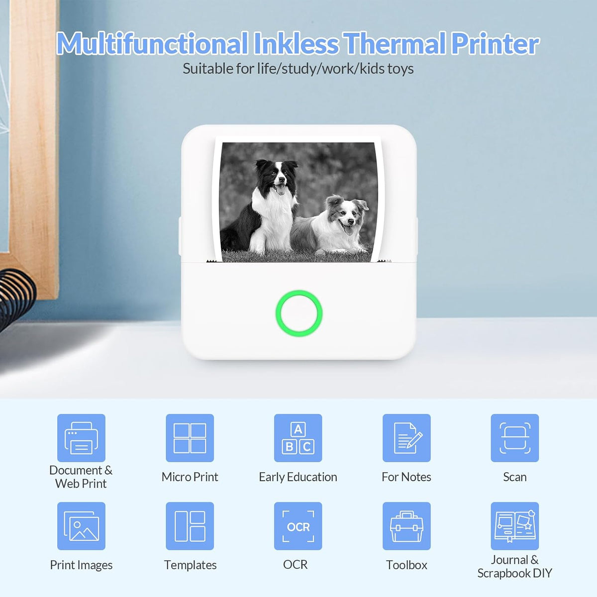 Portable Thermal Pocket Printer Inkless Bluetooth Mini Wireless Sticker Lable Pictures Print for Scrapbook Journal Sticky Label with 1 Roll Thermal Printer Paper