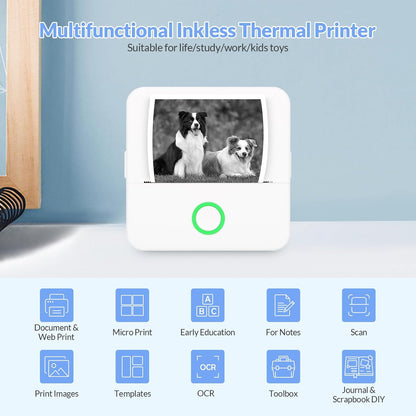 Portable Thermal Pocket Printer Inkless Bluetooth Mini Wireless Sticker Lable Pictures Print for Scrapbook Journal Sticky Label with 1 Roll Thermal Printer Paper