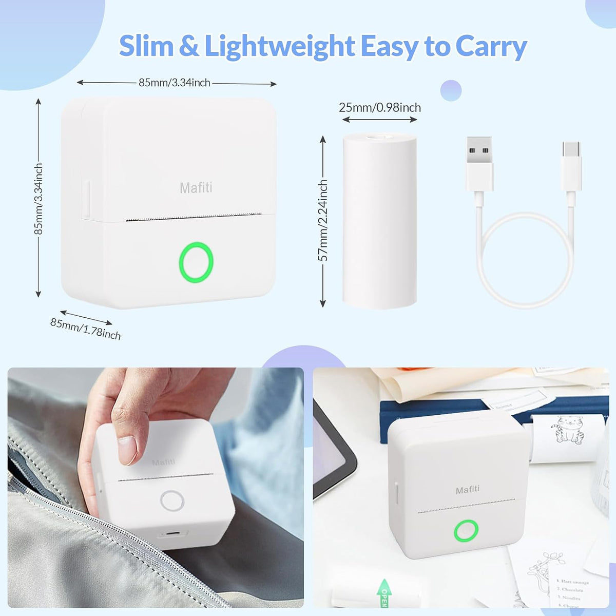 Portable Thermal Pocket Printer Inkless Bluetooth Mini Wireless Sticker Lable Pictures Print for Scrapbook Journal Sticky Label with 1 Roll Thermal Printer Paper