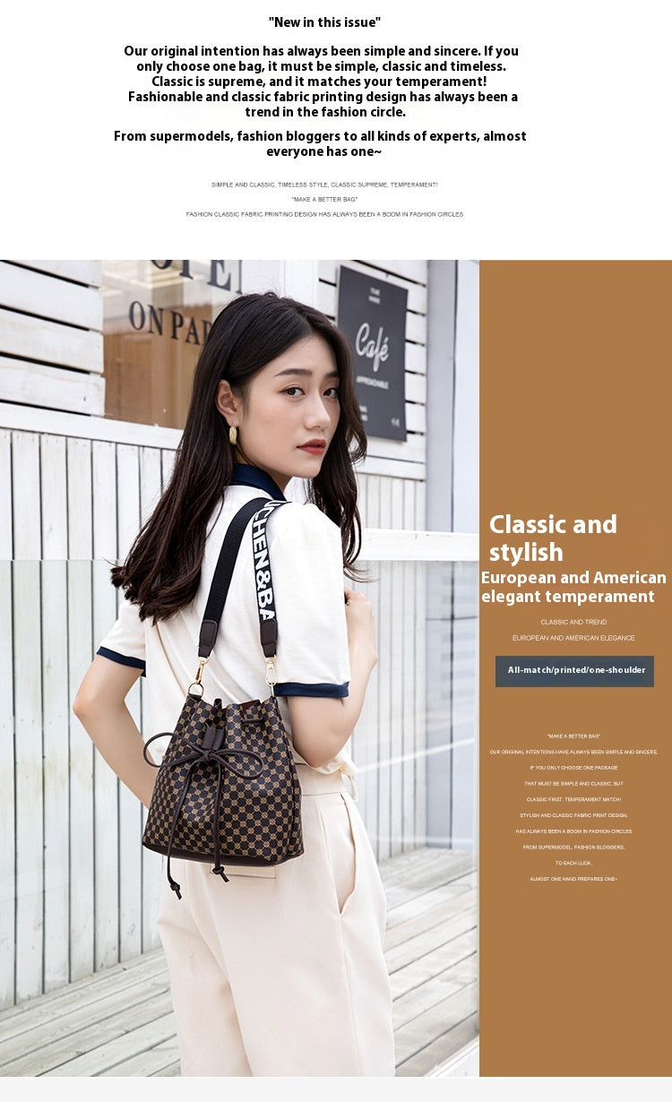 Printed bucket bag shown from an alternate angle