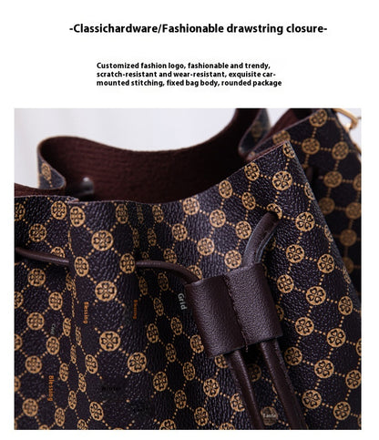 Printed bucket bag strap and shape detail